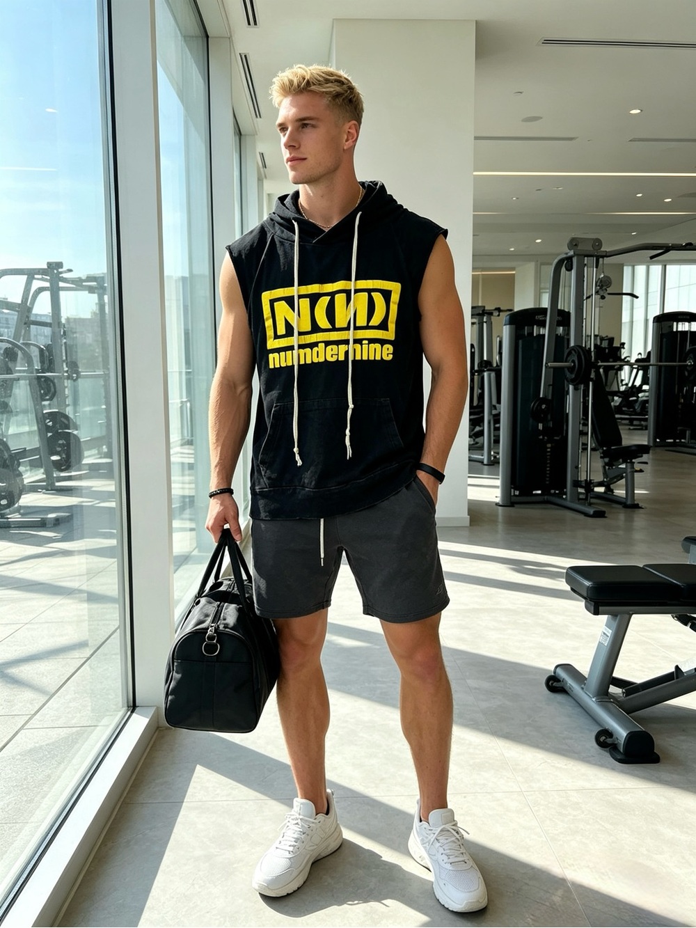 Men Sleeveless Black Hoodie Top with Yellow Logo